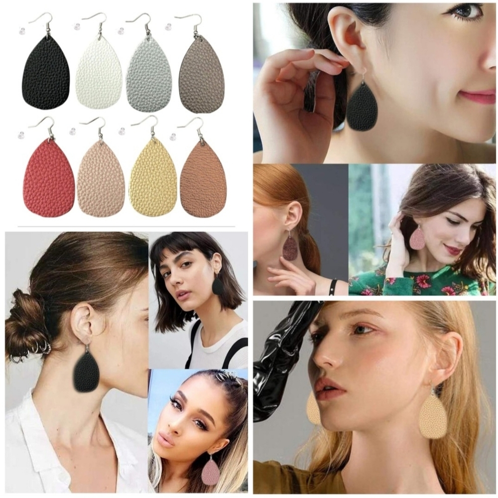 🍎 New 8 Pairs Leather Earrings (Faux) Pebbled Hang Dangle Teardrops Vegan Gifts